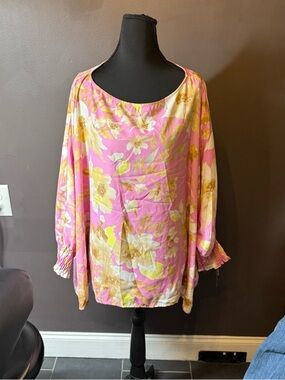 Women’s Pink Floral Blouse with Smocked Cuffs